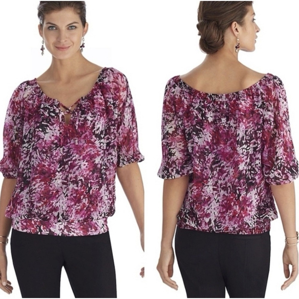 White House Black Market off-the-shoulder floral print smocked blouse Sz XS